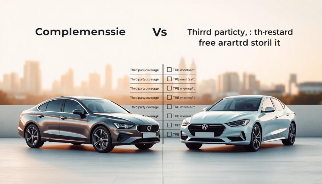 A detailed comparison of comprehensive and third party, fire and theft (TPFT) car insurance policies, depicted against a clean, minimalist backdrop. In the foreground, two sleek vehicles - one representing comprehensive coverage, the other TPFT - stand side-by-side, their distinct features highlighted by warm, natural lighting. The middle ground showcases a checklist of key policy details, allowing viewers to visually contrast the coverage differences. The background features a softly blurred cityscape, conveying a sense of urban mobility and the importance of robust insurance protection. The overall mood is one of clarity, with a focus on helping drivers understand the nuances between these two common auto insurance options. A detailed comparison of comprehensive and third party, fire and theft (TPFT) car insurance policies, depicted against a clean, minimalist backdrop. In the foreground, two sleek vehicles - one representing comprehensive coverage, the other TPFT - stand side-by-side, their distinct features highlighted by warm, natural lighting. The middle ground showcases a checklist of key policy details, allowing viewers to visually contrast the coverage differences. The background features a softly blurred cityscape, conveying a sense of urban mobility and the importance of robust insurance protection. The overall mood is one of clarity, with a focus on helping drivers understand the nuances between these two common auto insurance options.