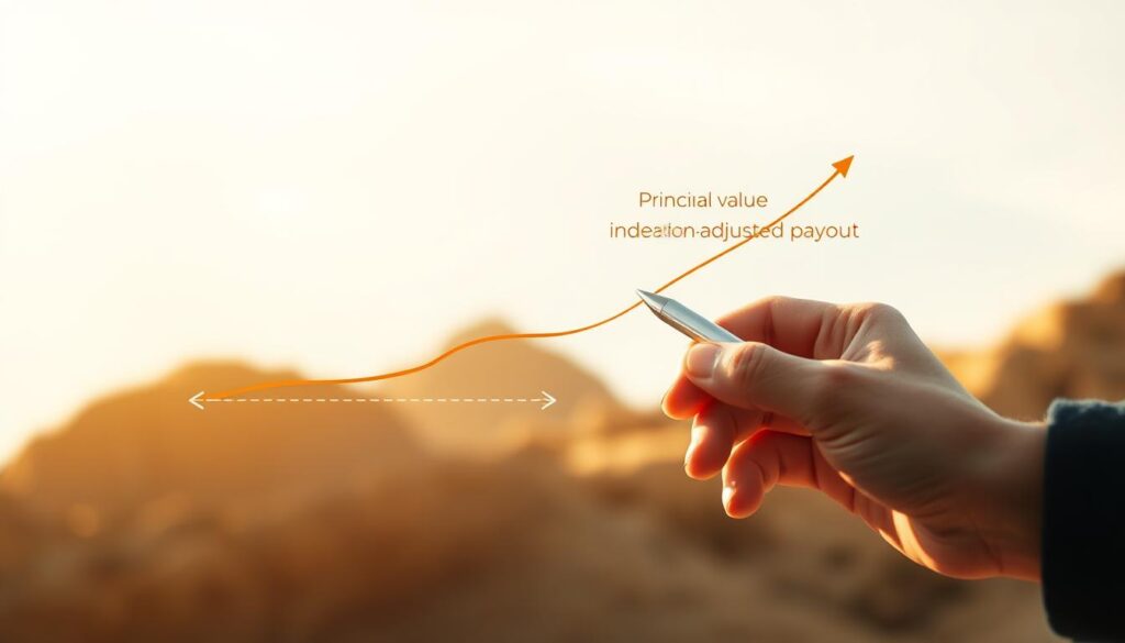 A detailed diagram depicting the concept of "indexation payout" against a backdrop of rising inflation. A clear, meticulously rendered graph shows the growth of a financial investment over time, with the principal value and indexation-adjusted payout illustrated in distinct colors. The scene is bathed in a warm, soft light, creating a sense of financial security and stability. In the foreground, a hand holding a pen points to the indexation-adjusted payout line, emphasizing the importance of protecting the real value of one's investment. The overall atmosphere conveys a sense of financial prudence and long-term wealth preservation. A detailed diagram depicting the concept of "indexation payout" against a backdrop of rising inflation. A clear, meticulously rendered graph shows the growth of a financial investment over time, with the principal value and indexation-adjusted payout illustrated in distinct colors. The scene is bathed in a warm, soft light, creating a sense of financial security and stability. In the foreground, a hand holding a pen points to the indexation-adjusted payout line, emphasizing the importance of protecting the real value of one's investment. The overall atmosphere conveys a sense of financial prudence and long-term wealth preservation.