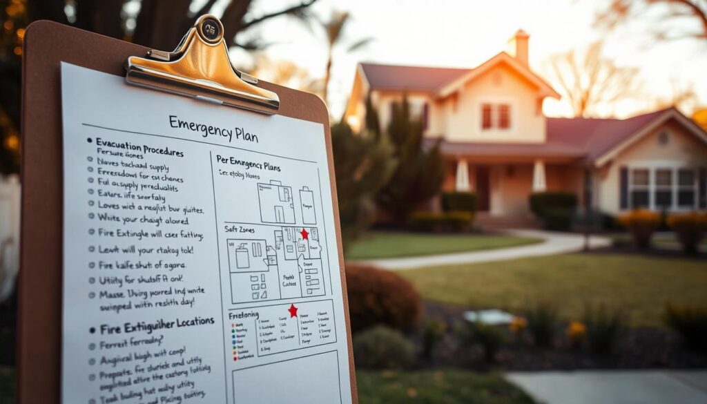 A detailed emergency plan for a residential property, illuminated by warm, natural lighting. In the foreground, a clipboard with handwritten notes outlining evacuation procedures, supply checklists, and emergency contact information. In the middle ground, a map of the property highlighting safe zones, fire extinguisher locations, and utility shut-off points. The background depicts the property itself, a well-maintained house with a lush, landscaped yard, conveying a sense of security and preparedness. The overall mood is one of thoughtful planning and responsible stewardship, perfectly capturing the essence of protecting a property and its tenants in times of crisis. A detailed emergency plan for a residential property, illuminated by warm, natural lighting. In the foreground, a clipboard with handwritten notes outlining evacuation procedures, supply checklists, and emergency contact information. In the middle ground, a map of the property highlighting safe zones, fire extinguisher locations, and utility shut-off points. The background depicts the property itself, a well-maintained house with a lush, landscaped yard, conveying a sense of security and preparedness. The overall mood is one of thoughtful planning and responsible stewardship, perfectly capturing the essence of protecting a property and its tenants in times of crisis.