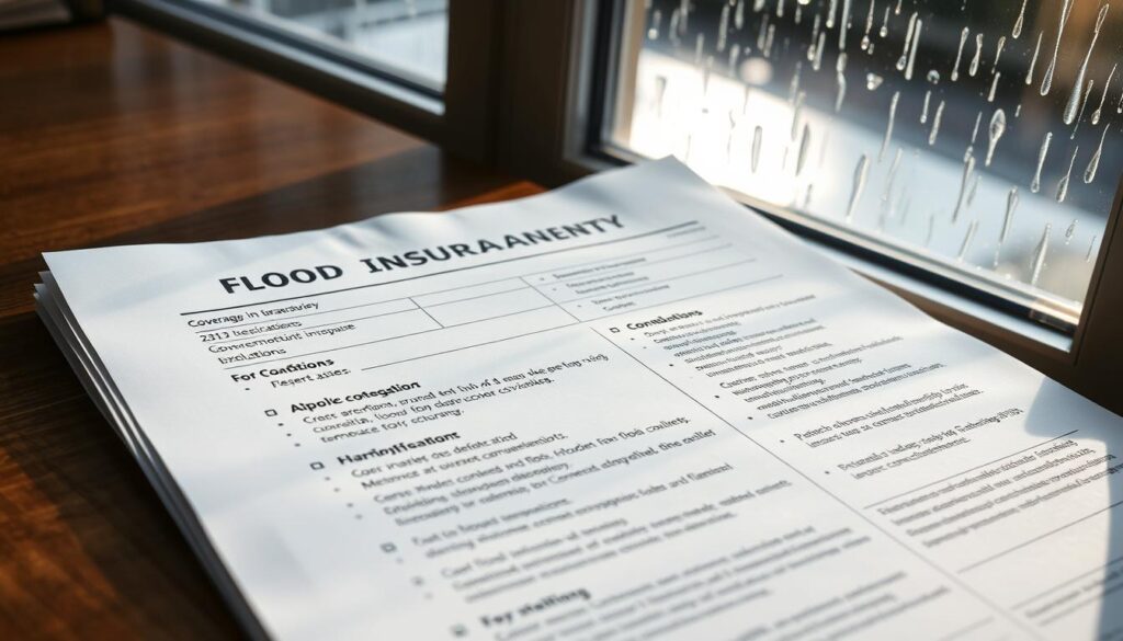 A detailed flood insurance policy document rests on a wooden desk, illuminated by natural light streaming through a window. The document's pages are crisp and pristine, showcasing a comprehensive breakdown of coverage, deductibles, and exclusions. In the background, a subtle pattern of raindrops trails down the glass, creating a sense of the impending risk of flooding that the policy aims to protect against. The overall composition conveys a sense of security and preparedness, reflecting the importance of having proper flood insurance in place. A detailed flood insurance policy document rests on a wooden desk, illuminated by natural light streaming through a window. The document's pages are crisp and pristine, showcasing a comprehensive breakdown of coverage, deductibles, and exclusions. In the background, a subtle pattern of raindrops trails down the glass, creating a sense of the impending risk of flooding that the policy aims to protect against. The overall composition conveys a sense of security and preparedness, reflecting the importance of having proper flood insurance in place.