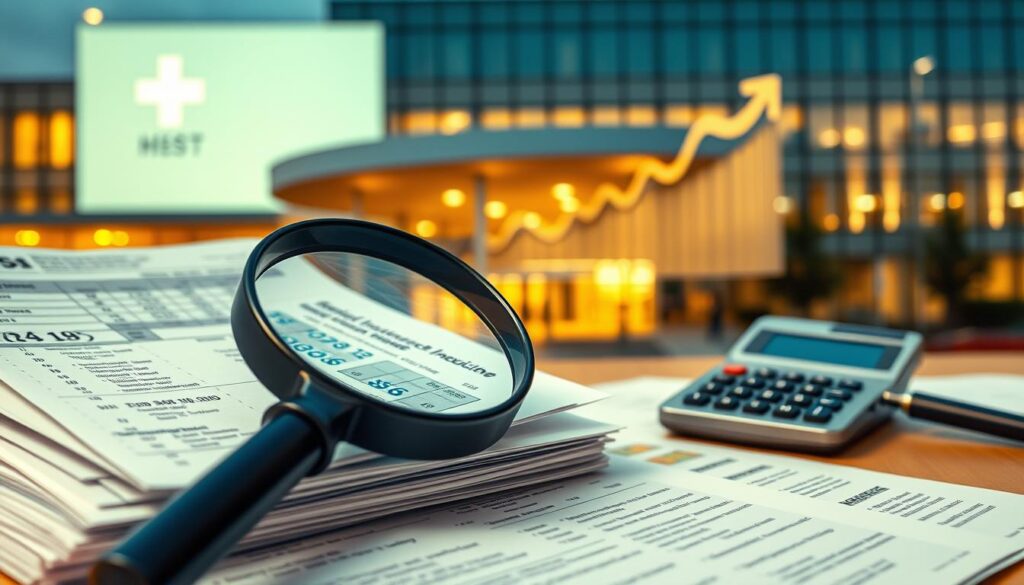 A detailed, high-resolution image of the factors that influence the cost of private health insurance in 2026. In the foreground, a stack of medical bills and insurance documents, with calculations and statistics overlaying the documents. In the middle ground, a magnifying glass examining the fine print and a calculator crunching numbers. In the background, a modern hospital facade with a cost-projection chart projected onto it, highlighting rising healthcare expenses. The scene is lit by a warm, golden hue, conveying the importance and gravity of understanding the complex dynamics that shape private insurance premiums. A technical, analytical mood permeates the image, inviting the viewer to delve into the nuances of healthcare costs. A detailed, high-resolution image of the factors that influence the cost of private health insurance in 2026. In the foreground, a stack of medical bills and insurance documents, with calculations and statistics overlaying the documents. In the middle ground, a magnifying glass examining the fine print and a calculator crunching numbers. In the background, a modern hospital facade with a cost-projection chart projected onto it, highlighting rising healthcare expenses. The scene is lit by a warm, golden hue, conveying the importance and gravity of understanding the complex dynamics that shape private insurance premiums. A technical, analytical mood permeates the image, inviting the viewer to delve into the nuances of healthcare costs.