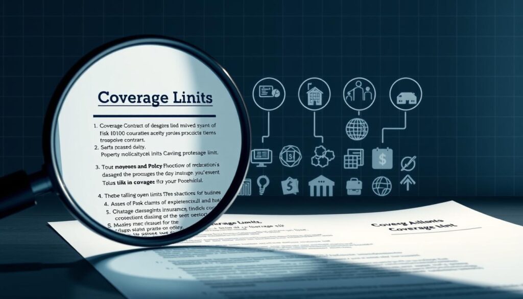 A detailed illustration depicting the concept of "coverage limits" for a professional services insurance policy. The foreground features a magnifying glass over an insurance contract, highlighting key sections on coverage limits and policy details. In the middle ground, a series of graphical icons representing various risk exposures faced by a professional business, such as lawsuits, data breaches, and property damage. The background has a subtle grid pattern evoking a sense of structure and organization, with muted tones of blue and gray creating a calm, authoritative atmosphere. Dramatic studio lighting casts dramatic shadows, emphasizing the importance of understanding coverage limits to protect a professional services firm. A detailed illustration depicting the concept of "coverage limits" for a professional services insurance policy. The foreground features a magnifying glass over an insurance contract, highlighting key sections on coverage limits and policy details. In the middle ground, a series of graphical icons representing various risk exposures faced by a professional business, such as lawsuits, data breaches, and property damage. The background has a subtle grid pattern evoking a sense of structure and organization, with muted tones of blue and gray creating a calm, authoritative atmosphere. Dramatic studio lighting casts dramatic shadows, emphasizing the importance of understanding coverage limits to protect a professional services firm.