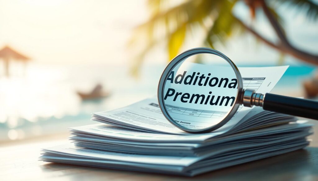 A detailed illustration of "additional premium" for scuba diving travel insurance in Australia. Set against a soft, blurred background of a tropical beach scene, the focal point is a magnifying glass hovering over a stack of financial documents, conveying the idea of carefully examining the costs. The documents are rendered with realistic textures and subtle shadows, creating a sense of depth and tangibility. The lighting is warm and natural, with gentle highlights that accentuate the key elements. The composition is balanced and visually appealing, guiding the viewer's attention to the core concept of "additional premium" and its importance in the context of scuba diving travel insurance. A detailed illustration of "additional premium" for scuba diving travel insurance in Australia. Set against a soft, blurred background of a tropical beach scene, the focal point is a magnifying glass hovering over a stack of financial documents, conveying the idea of carefully examining the costs. The documents are rendered with realistic textures and subtle shadows, creating a sense of depth and tangibility. The lighting is warm and natural, with gentle highlights that accentuate the key elements. The composition is balanced and visually appealing, guiding the viewer's attention to the core concept of "additional premium" and its importance in the context of scuba diving travel insurance.