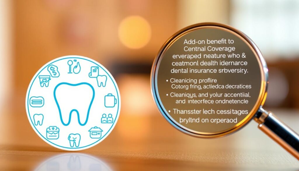 A detailed illustration of dental insurance add-on benefits, showcasing various coverage options and perks. In the foreground, a professional-looking dental logo or emblem, surrounded by icons representing different dental services such as cleanings, fillings, and orthodontic treatments. In the middle ground, a magnifying glass highlighting specific policy details, with clear and concise descriptions of the add-on benefits. The background features a soft, blurred gradient of colors associated with the insurance provider's branding, creating a sense of professionalism and trustworthiness. The lighting is warm and inviting, drawing the viewer's attention to the key features of the dental insurance add-on. The overall composition conveys a sense of comprehensive coverage and valuable extras that complement a standard health insurance plan. A detailed illustration of dental insurance add-on benefits, showcasing various coverage options and perks. In the foreground, a professional-looking dental logo or emblem, surrounded by icons representing different dental services such as cleanings, fillings, and orthodontic treatments. In the middle ground, a magnifying glass highlighting specific policy details, with clear and concise descriptions of the add-on benefits. The background features a soft, blurred gradient of colors associated with the insurance provider's branding, creating a sense of professionalism and trustworthiness. The lighting is warm and inviting, drawing the viewer's attention to the key features of the dental insurance add-on. The overall composition conveys a sense of comprehensive coverage and valuable extras that complement a standard health insurance plan.