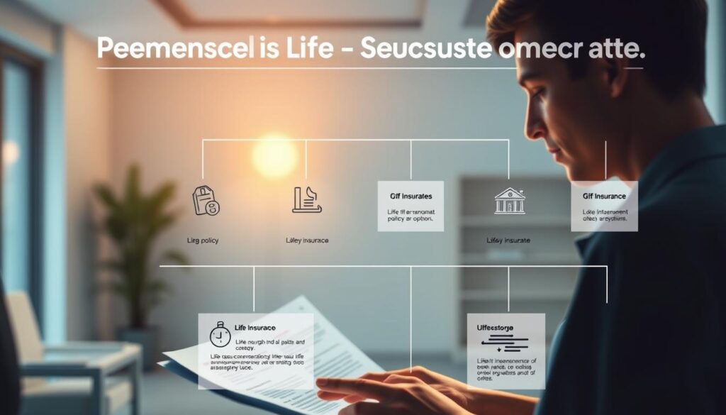 A detailed illustration of permanent life insurance options in Canada, captured with a cinematic flair. In the foreground, a person reviewing insurance documents, their face illuminated by a warm, ambient light. In the middle ground, various life insurance policy types are displayed, each with distinct icons and infographic elements. The background showcases a modern, minimalist office setting, with clean lines and subtle textures, creating a sense of professionalism and stability. The overall composition conveys a balanced and informative visual narrative, guiding the viewer through the key permanent life insurance options available in the Canadian market. A detailed illustration of permanent life insurance options in Canada, captured with a cinematic flair. In the foreground, a person reviewing insurance documents, their face illuminated by a warm, ambient light. In the middle ground, various life insurance policy types are displayed, each with distinct icons and infographic elements. The background showcases a modern, minimalist office setting, with clean lines and subtle textures, creating a sense of professionalism and stability. The overall composition conveys a balanced and informative visual narrative, guiding the viewer through the key permanent life insurance options available in the Canadian market.