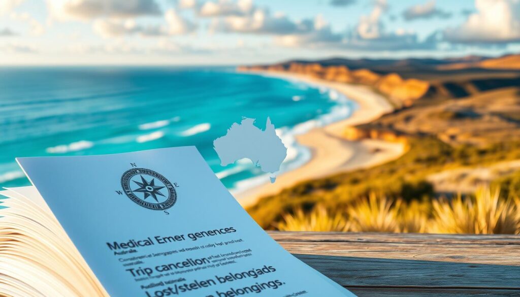 A detailed illustration of policy covers against a serene Australian landscape. In the foreground, a stack of documents with official seals and headers representing different types of coverage, such as medical emergencies, trip cancellation, and lost/stolen belongings. In the middle ground, a stylized compass and a map of Australia, hinting at the nationwide scope of the protection. The background features a picturesque coastal scene with sandy beaches, rolling hills, and a vibrant sky, conveying a sense of security and tranquility. Warm, natural lighting casts a soft glow over the entire composition, creating a calming and authoritative atmosphere. A detailed illustration of policy covers against a serene Australian landscape. In the foreground, a stack of documents with official seals and headers representing different types of coverage, such as medical emergencies, trip cancellation, and lost/stolen belongings. In the middle ground, a stylized compass and a map of Australia, hinting at the nationwide scope of the protection. The background features a picturesque coastal scene with sandy beaches, rolling hills, and a vibrant sky, conveying a sense of security and tranquility. Warm, natural lighting casts a soft glow over the entire composition, creating a calming and authoritative atmosphere.