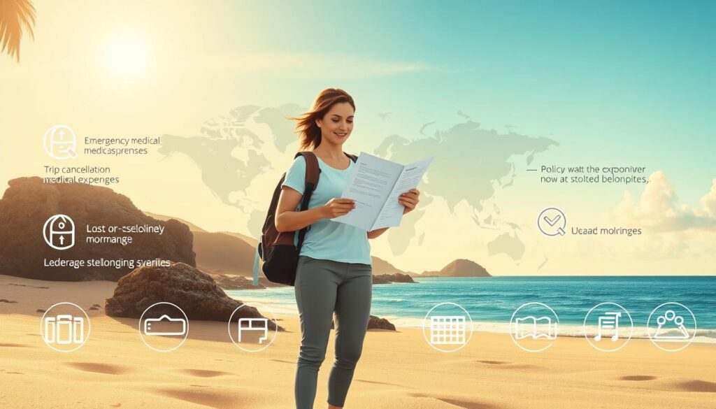 A detailed illustration showcasing the comprehensive coverage of global medical insurance for Australian travelers. Set against a serene backdrop of a sun-dappled beach, a traveler stands at the center, examining their policy documents with a look of relief. In the foreground, a series of icons representing key coverage areas, such as emergency medical expenses, trip cancellation, and lost or stolen belongings, are artfully arranged. The middle ground features a world map, symbolizing the global nature of the insurance, while the background depicts a picturesque coastal landscape, conveying a sense of adventure and exploration. Soft, warm lighting and a muted color palette create a calming, reassuring atmosphere, underscoring the peace of mind that this insurance provides. A detailed illustration showcasing the comprehensive coverage of global medical insurance for Australian travelers. Set against a serene backdrop of a sun-dappled beach, a traveler stands at the center, examining their policy documents with a look of relief. In the foreground, a series of icons representing key coverage areas, such as emergency medical expenses, trip cancellation, and lost or stolen belongings, are artfully arranged. The middle ground features a world map, symbolizing the global nature of the insurance, while the background depicts a picturesque coastal landscape, conveying a sense of adventure and exploration. Soft, warm lighting and a muted color palette create a calming, reassuring atmosphere, underscoring the peace of mind that this insurance provides.