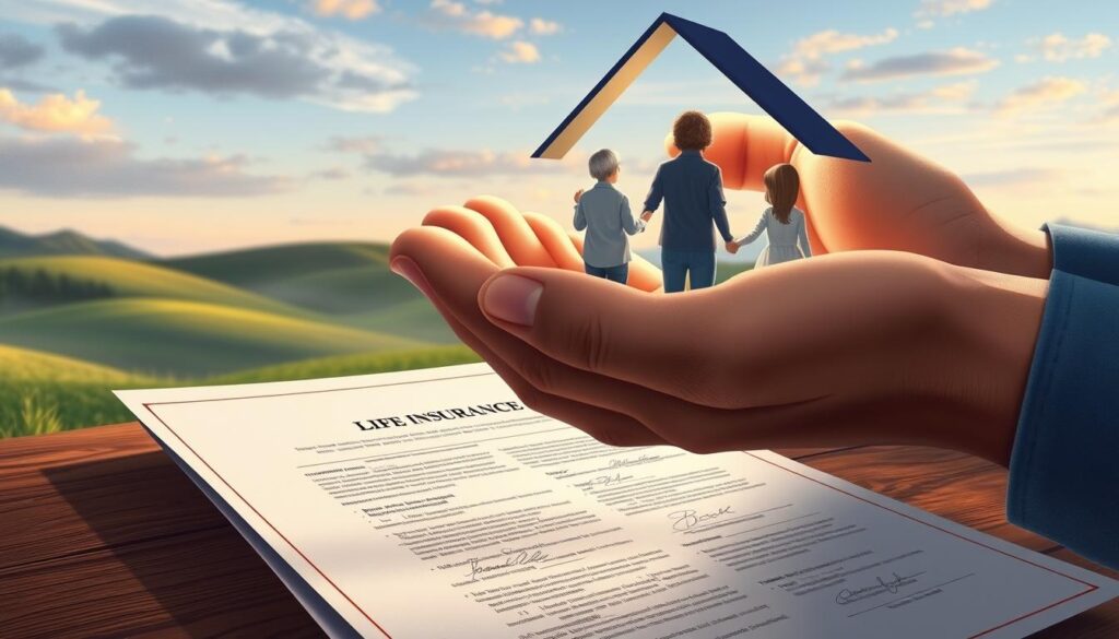 A detailed life insurance illustration, rendered in a photorealistic style. In the foreground, a protective hand shelters a family, symbolizing the safeguarding power of life insurance. The middle ground features an elegant financial document, its fine print and signatures conveying the contractual nature of the policy. In the background, a serene landscape with rolling hills and a calming sky, suggesting the long-term security that life insurance can provide. Lighting is soft and natural, with a focus on the hands and document to highlight their importance. The overall mood is one of reassurance, stability, and thoughtful financial planning. A detailed life insurance illustration, rendered in a photorealistic style. In the foreground, a protective hand shelters a family, symbolizing the safeguarding power of life insurance. The middle ground features an elegant financial document, its fine print and signatures conveying the contractual nature of the policy. In the background, a serene landscape with rolling hills and a calming sky, suggesting the long-term security that life insurance can provide. Lighting is soft and natural, with a focus on the hands and document to highlight their importance. The overall mood is one of reassurance, stability, and thoughtful financial planning.