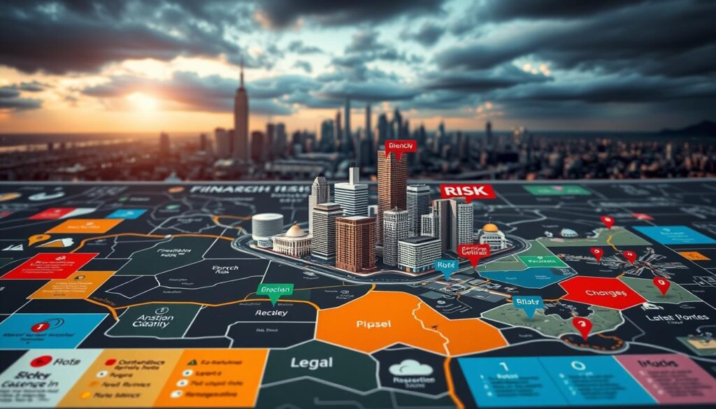 A detailed map of various business risks, with a thoughtful color-coded legend. The foreground depicts vibrant icons representing key risk categories such as financial, operational, legal, and reputational challenges. The middle ground showcases an isometric cityscape, each building symbolizing a different risk factor. In the background, a moody skyline sets the tone, with dramatic lighting and atmospheric clouds. The overall composition conveys a sense of careful planning and strategic risk management, essential for SMEs seeking robust liability protection in Canada. A detailed map of various business risks, with a thoughtful color-coded legend. The foreground depicts vibrant icons representing key risk categories such as financial, operational, legal, and reputational challenges. The middle ground showcases an isometric cityscape, each building symbolizing a different risk factor. In the background, a moody skyline sets the tone, with dramatic lighting and atmospheric clouds. The overall composition conveys a sense of careful planning and strategic risk management, essential for SMEs seeking robust liability protection in Canada.