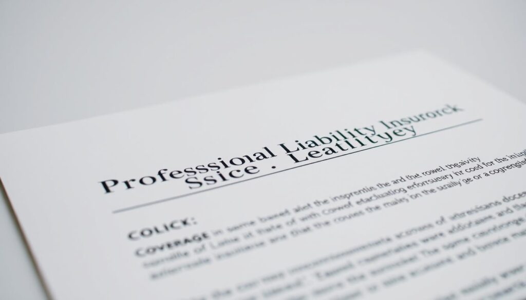 A detailed professional liability insurance policy document with a crisp, clean layout. The foreground features the policy title and coverage details in a sophisticated serif typeface, with key terms highlighted. The middle ground showcases a graphic icon or illustration representing professional services, such as a briefcase, laptop, or handshake. The background contains a subtle geometric pattern or textured backdrop, evoking a sense of reliability and trust. The lighting is soft and even, creating a polished, authoritative atmosphere. The perspective is slightly angled to draw the viewer's eye towards the central policy information. A detailed professional liability insurance policy document with a crisp, clean layout. The foreground features the policy title and coverage details in a sophisticated serif typeface, with key terms highlighted. The middle ground showcases a graphic icon or illustration representing professional services, such as a briefcase, laptop, or handshake. The background contains a subtle geometric pattern or textured backdrop, evoking a sense of reliability and trust. The lighting is soft and even, creating a polished, authoritative atmosphere. The perspective is slightly angled to draw the viewer's eye towards the central policy information.