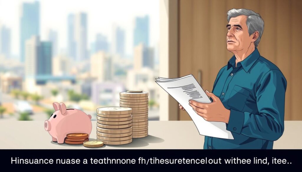 A detailed, realistic illustration of superannuation cover. In the foreground, a person stands holding retirement documents, their expression thoughtful. In the middle ground, a stack of coins and a piggy bank represent financial planning. The background depicts a blurred cityscape, conveying the broader context of retirement life in Australia. The lighting is soft and natural, creating a contemplative mood. The composition is balanced, with the subject positioned to draw the viewer's eye. The overall scene reflects the considerations and options around insurance through superannuation versus outside of it. A detailed, realistic illustration of superannuation cover. In the foreground, a person stands holding retirement documents, their expression thoughtful. In the middle ground, a stack of coins and a piggy bank represent financial planning. The background depicts a blurred cityscape, conveying the broader context of retirement life in Australia. The lighting is soft and natural, creating a contemplative mood. The composition is balanced, with the subject positioned to draw the viewer's eye. The overall scene reflects the considerations and options around insurance through superannuation versus outside of it.