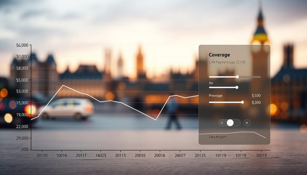 A detailed, realistic illustration of the cost of premiums over time for a flexible whole life insurance policy in the United Kingdom. The foreground depicts a line graph charting the fluctuating monthly premium payments, with a clear legend and axes. The middle ground shows an elegant, minimalist user interface with toggles and sliders to adjust coverage and payment options. The background features a blurred, bokeh-rich cityscape, conveying the financial security and stability of the policy. Soft, warm lighting illuminates the scene, creating a sense of professionalism and trustworthiness. The overall composition and color palette evoke a sophisticated, data-driven financial product. A detailed, realistic illustration of the cost of premiums over time for a flexible whole life insurance policy in the United Kingdom. The foreground depicts a line graph charting the fluctuating monthly premium payments, with a clear legend and axes. The middle ground shows an elegant, minimalist user interface with toggles and sliders to adjust coverage and payment options. The background features a blurred, bokeh-rich cityscape, conveying the financial security and stability of the policy. Soft, warm lighting illuminates the scene, creating a sense of professionalism and trustworthiness. The overall composition and color palette evoke a sophisticated, data-driven financial product.