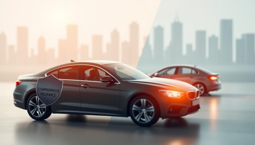 A detailed, split-level scene depicting comprehensive and third-party car insurance policies. In the foreground, a sleek sedan with a comprehensive insurance shield prominently displayed on the side, illuminated by soft, warm lighting. In the middle ground, a smaller vehicle with a simple third-party insurance icon, set against a neutral, muted backdrop. The background showcases a modern, minimalist cityscape, suggesting the urban setting and legal context. The overall composition conveys a sense of comparison and contrast, highlighting the key differences between the two insurance types. A detailed, split-level scene depicting comprehensive and third-party car insurance policies. In the foreground, a sleek sedan with a comprehensive insurance shield prominently displayed on the side, illuminated by soft, warm lighting. In the middle ground, a smaller vehicle with a simple third-party insurance icon, set against a neutral, muted backdrop. The background showcases a modern, minimalist cityscape, suggesting the urban setting and legal context. The overall composition conveys a sense of comparison and contrast, highlighting the key differences between the two insurance types.