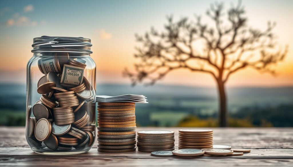 A detailed visual representation of financial concepts: in the foreground, a clear glass jar with stacks of coins and bills, symbolizing the "costs" and "premiums" of a savings or insurance plan; in the middle ground, a tree with branches representing the "value" and growth over time; in the background, a serene landscape with a warm, golden-hour lighting, conveying the sense of security and long-term investment. The scene is captured with a wide-angle lens, emphasizing the interconnected relationship between the financial elements and the natural setting. A detailed visual representation of financial concepts: in the foreground, a clear glass jar with stacks of coins and bills, symbolizing the "costs" and "premiums" of a savings or insurance plan; in the middle ground, a tree with branches representing the "value" and growth over time; in the background, a serene landscape with a warm, golden-hour lighting, conveying the sense of security and long-term investment. The scene is captured with a wide-angle lens, emphasizing the interconnected relationship between the financial elements and the natural setting.