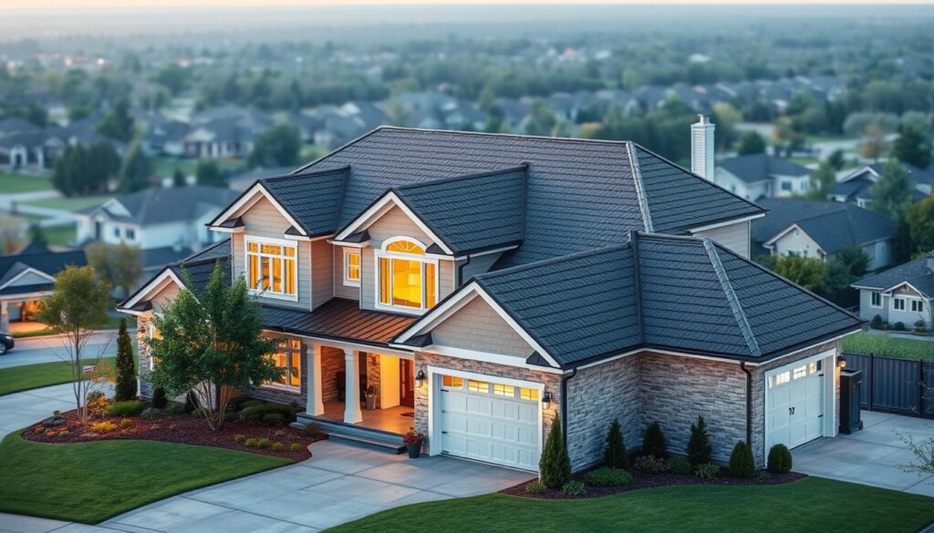 A detailed, well-lit architectural rendering of a modern American single-family home, showcasing the exterior and roofing. The foreground depicts the home's façade, with a focus on the roof, highlighting the various materials and construction elements that contribute to the replacement cost. The middle ground includes the landscaping, driveway, and other outdoor features that would be factored into the total replacement value. The background gently blurs into a tranquil suburban neighborhood setting, conveying a sense of the broader context and value. The lighting is soft and natural, with shadows and highlights accentuating the textures and materials. The overall mood is one of thoughtful contemplation about the true cost of rebuilding a private estate home. A detailed, well-lit architectural rendering of a modern American single-family home, showcasing the exterior and roofing. The foreground depicts the home's façade, with a focus on the roof, highlighting the various materials and construction elements that contribute to the replacement cost. The middle ground includes the landscaping, driveway, and other outdoor features that would be factored into the total replacement value. The background gently blurs into a tranquil suburban neighborhood setting, conveying a sense of the broader context and value. The lighting is soft and natural, with shadows and highlights accentuating the textures and materials. The overall mood is one of thoughtful contemplation about the true cost of rebuilding a private estate home.