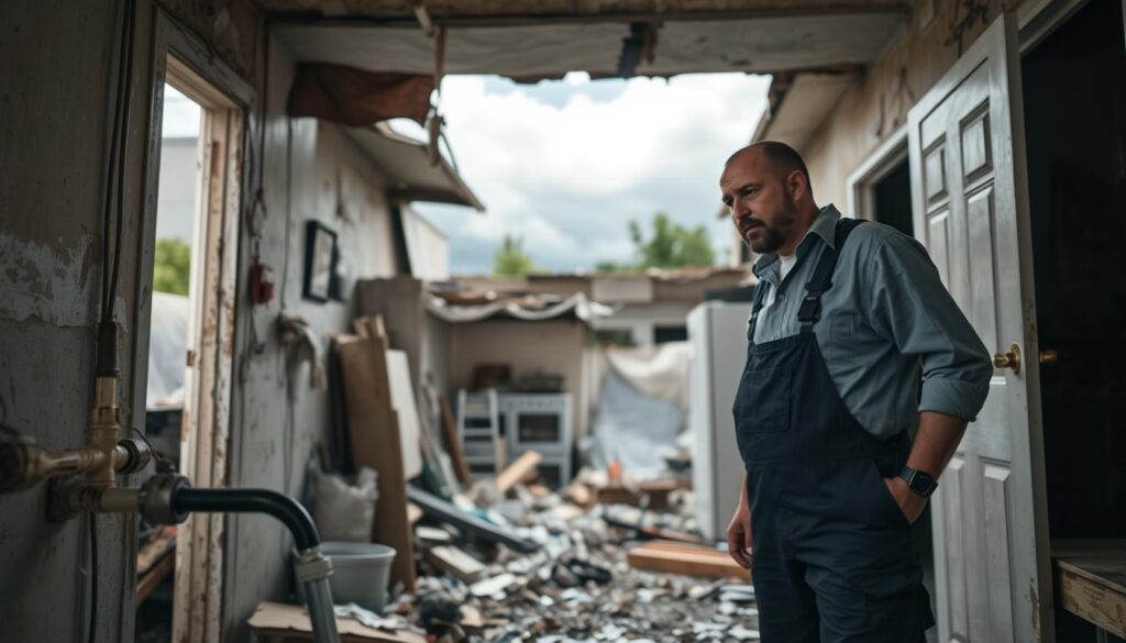 A dilapidated rental property in need of urgent repairs, with a concerned landlord surveying the damage. The foreground shows the landlord, dressed in a work uniform, inspecting a leaking pipe or broken appliance. The middle ground depicts a cluttered interior, with debris and tools scattered around. The background reveals the exterior of the property, perhaps with storm clouds looming overhead, emphasizing the urgency of the situation. The lighting is a mix of natural and artificial, creating a sense of unease and a pressing need for action. The overall mood is one of concern and a recognition of the landlord's legal responsibilities to address the urgent repairs promptly. A dilapidated rental property in need of urgent repairs, with a concerned landlord surveying the damage. The foreground shows the landlord, dressed in a work uniform, inspecting a leaking pipe or broken appliance. The middle ground depicts a cluttered interior, with debris and tools scattered around. The background reveals the exterior of the property, perhaps with storm clouds looming overhead, emphasizing the urgency of the situation. The lighting is a mix of natural and artificial, creating a sense of unease and a pressing need for action. The overall mood is one of concern and a recognition of the landlord's legal responsibilities to address the urgent repairs promptly.