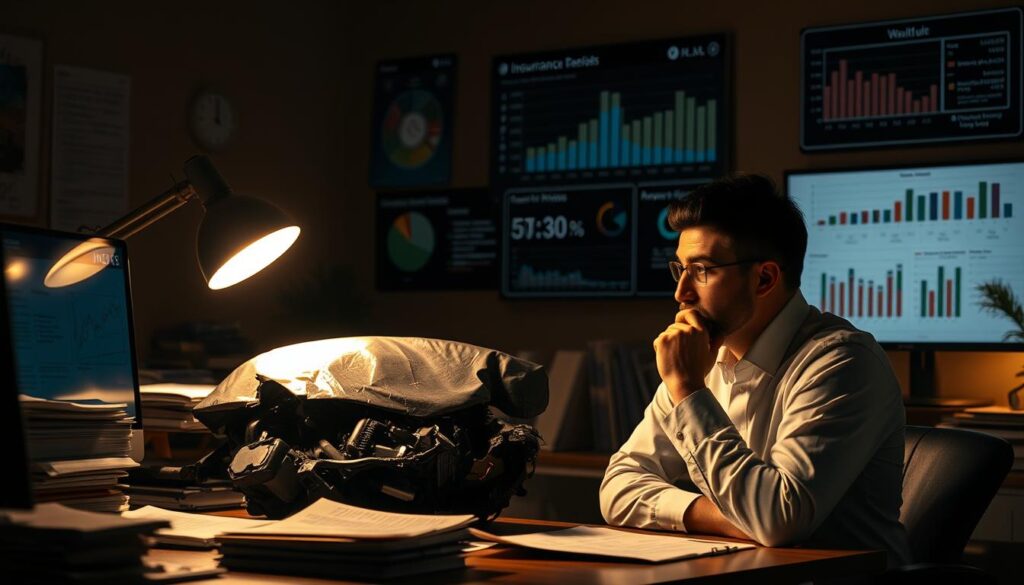 A dimly lit insurance office, desk lamp illuminating stacks of documents and a computer screen displaying a detailed analysis. In the foreground, a thoughtful insurance assessor examines a damaged vehicle, considering factors like repair cost, depreciation, and market value. Surrounding them, abstract data visualizations and charts highlighting key decision metrics - safety ratings, mileage, accident history. A sense of careful deliberation permeates the scene, as the assessor determines whether to declare the vehicle a total loss. Warm, earthy tones create an atmosphere of professional diligence, the outcome of this decision crucial for the policyholder. A dimly lit insurance office, desk lamp illuminating stacks of documents and a computer screen displaying a detailed analysis. In the foreground, a thoughtful insurance assessor examines a damaged vehicle, considering factors like repair cost, depreciation, and market value. Surrounding them, abstract data visualizations and charts highlighting key decision metrics - safety ratings, mileage, accident history. A sense of careful deliberation permeates the scene, as the assessor determines whether to declare the vehicle a total loss. Warm, earthy tones create an atmosphere of professional diligence, the outcome of this decision crucial for the policyholder.