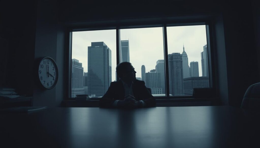 A dimly lit office interior, the ambiance tinged with a sense of anticipation. In the foreground, a person sits at a desk, hands folded, eyes trained on a clock ticking away the seconds. Behind them, a floor-to-ceiling window frames the cityscape outside, a blend of skyscrapers and overcast skies. The lighting is muted, creating a palpable tension as the subject waits, caught in the liminal space between uncertainty and resolution. The scene evokes the sense of a critical decision hanging in the balance, with the passage of time playing a central role in the narrative. A dimly lit office interior, the ambiance tinged with a sense of anticipation. In the foreground, a person sits at a desk, hands folded, eyes trained on a clock ticking away the seconds. Behind them, a floor-to-ceiling window frames the cityscape outside, a blend of skyscrapers and overcast skies. The lighting is muted, creating a palpable tension as the subject waits, caught in the liminal space between uncertainty and resolution. The scene evokes the sense of a critical decision hanging in the balance, with the passage of time playing a central role in the narrative.