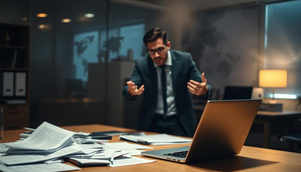 A dimly lit office space, with a focus on the items not covered by professional indemnity insurance. In the foreground, a desk with scattered documents and a laptop, representing the unprotected administrative and operational aspects of the business. In the middle ground, a frustrated business owner gesturing towards the items, conveying the importance of understanding the limitations of the insurance policy. The background is hazy, emphasizing the uncertainty and potential risks beyond the scope of the indemnity coverage. The scene is lit by a warm, amber-toned light, creating a sense of contemplation and the need for careful consideration of the uncovered areas. A dimly lit office space, with a focus on the items not covered by professional indemnity insurance. In the foreground, a desk with scattered documents and a laptop, representing the unprotected administrative and operational aspects of the business. In the middle ground, a frustrated business owner gesturing towards the items, conveying the importance of understanding the limitations of the insurance policy. The background is hazy, emphasizing the uncertainty and potential risks beyond the scope of the indemnity coverage. The scene is lit by a warm, amber-toned light, creating a sense of contemplation and the need for careful consideration of the uncovered areas.