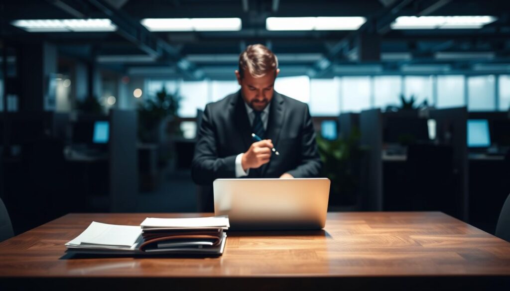 A dimly lit office space, with a large wooden desk in the foreground. On the desk, a stack of documents and a laptop, casting a soft glow. In the middle ground, a businessperson in a tailored suit, deep in thought, pen in hand. The background is slightly blurred, hinting at the broader corporate environment - cubicles, potted plants, and the faint glow of computer screens. The overall mood is one of focused concentration, as the individual contemplates the nuances of risk assessment, a critical component of the employee risk management plan. A dimly lit office space, with a large wooden desk in the foreground. On the desk, a stack of documents and a laptop, casting a soft glow. In the middle ground, a businessperson in a tailored suit, deep in thought, pen in hand. The background is slightly blurred, hinting at the broader corporate environment - cubicles, potted plants, and the faint glow of computer screens. The overall mood is one of focused concentration, as the individual contemplates the nuances of risk assessment, a critical component of the employee risk management plan.