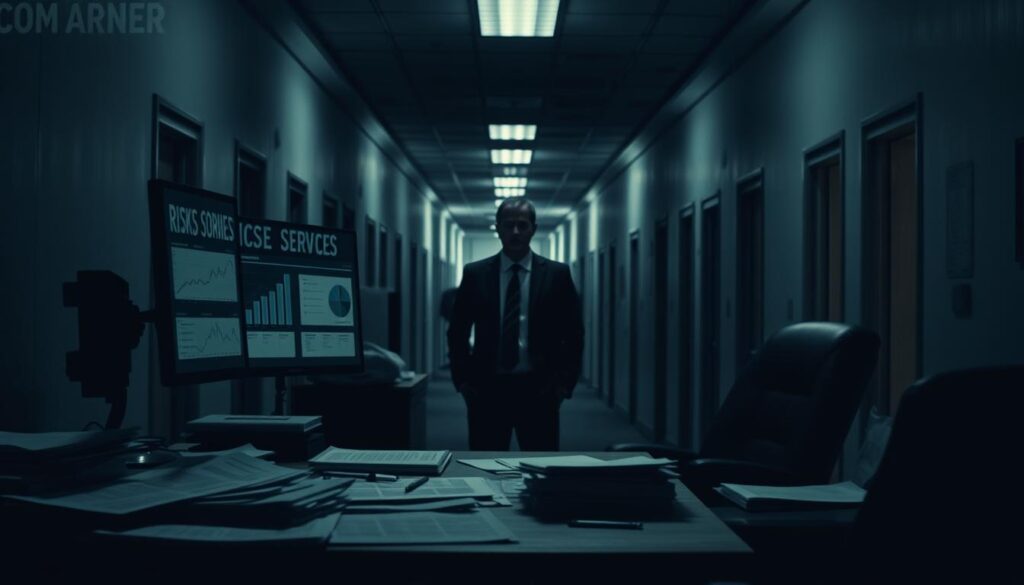 A dimly lit office space, with a sense of unease and uncertainty. In the foreground, a desk with scattered files and documents, representing the risks and uncertainties professional services face. A computer monitor displays graphs and charts, casting an ominous glow. In the middle ground, a person in a suit, their face obscured by shadows, symbolizing the worries and anxieties of professionals. In the background, a maze of corridors and doorways, suggesting the complex and interconnected nature of the professional services industry. Soft, dramatic lighting creates a sense of tension and foreboding, emphasizing the gravity of the risks professionals must navigate. A dimly lit office space, with a sense of unease and uncertainty. In the foreground, a desk with scattered files and documents, representing the risks and uncertainties professional services face. A computer monitor displays graphs and charts, casting an ominous glow. In the middle ground, a person in a suit, their face obscured by shadows, symbolizing the worries and anxieties of professionals. In the background, a maze of corridors and doorways, suggesting the complex and interconnected nature of the professional services industry. Soft, dramatic lighting creates a sense of tension and foreboding, emphasizing the gravity of the risks professionals must navigate.