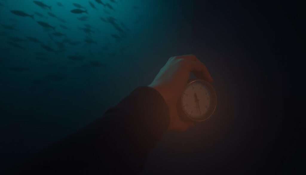 A dimly lit underwater scene, with a diver's wetsuit-clad arm extending into the frame, holding a depth gauge displaying "metres". The gauge's face is illuminated by the soft, ambient glow of the ocean depths, casting a warm, muted light across the diver's wrist and equipment. In the background, the hazy silhouettes of schools of fish drift by, creating a sense of serene exploration and the ever-present risks that come with the sport of scuba diving. The image conveys the importance of being aware of depth and dive conditions, and the need for comprehensive travel insurance coverage to protect oneself when venturing into the unknown underwater world. A dimly lit underwater scene, with a diver's wetsuit-clad arm extending into the frame, holding a depth gauge displaying "metres". The gauge's face is illuminated by the soft, ambient glow of the ocean depths, casting a warm, muted light across the diver's wrist and equipment. In the background, the hazy silhouettes of schools of fish drift by, creating a sense of serene exploration and the ever-present risks that come with the sport of scuba diving. The image conveys the importance of being aware of depth and dive conditions, and the need for comprehensive travel insurance coverage to protect oneself when venturing into the unknown underwater world.