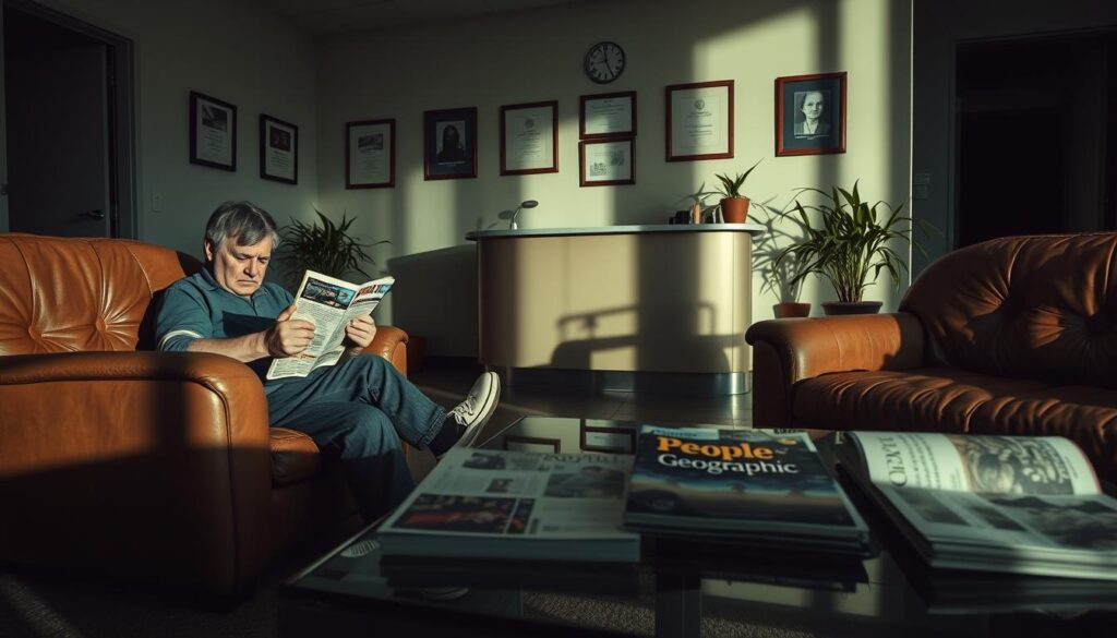 A dimly lit waiting room in a dental clinic. In the foreground, an anxious patient sits in a worn leather chair, thumbing through an outdated magazine. The middle ground features a glass-topped coffee table adorned with stale copies of National Geographic and People. In the background, a receptionist's desk is partially obscured by potted plants and framed diplomas. Soft lighting casts long shadows, creating a somber, pensive atmosphere. The image conveys the tedium and unease of enduring a dental insurance waiting period before receiving coverage. A dimly lit waiting room in a dental clinic. In the foreground, an anxious patient sits in a worn leather chair, thumbing through an outdated magazine. The middle ground features a glass-topped coffee table adorned with stale copies of National Geographic and People. In the background, a receptionist's desk is partially obscured by potted plants and framed diplomas. Soft lighting casts long shadows, creating a somber, pensive atmosphere. The image conveys the tedium and unease of enduring a dental insurance waiting period before receiving coverage.