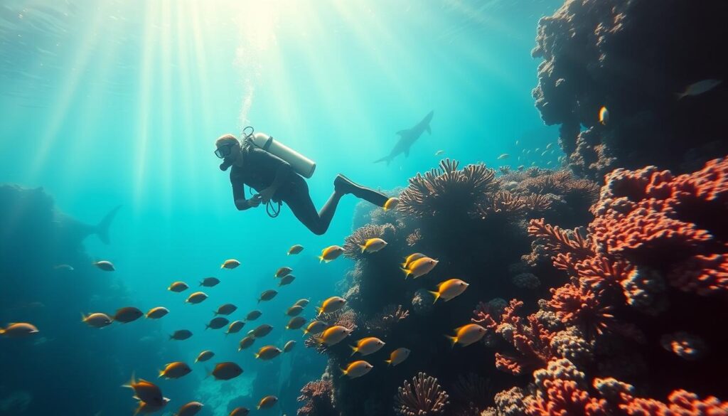 A diver gracefully glides through the azure waters, surrounded by a vibrant coral reef teeming with marine life. Rays of sunlight filter through the crystalline surface, casting a warm glow on the scene. The diver's sleek wetsuit and air tank blend seamlessly with the underwater environment, creating a sense of harmony between human and nature. In the foreground, schools of tropical fish dart among the intricate formations, their vibrant colors catching the light. In the distance, the silhouettes of larger creatures, such as sea turtles or sharks, can be seen moving through the depths, adding a sense of awe and mystery to the composition. The overall mood is one of tranquility and wonder, capturing the essence of the "Deep dive: sports-specific considerations" section of the article. A diver gracefully glides through the azure waters, surrounded by a vibrant coral reef teeming with marine life. Rays of sunlight filter through the crystalline surface, casting a warm glow on the scene. The diver's sleek wetsuit and air tank blend seamlessly with the underwater environment, creating a sense of harmony between human and nature. In the foreground, schools of tropical fish dart among the intricate formations, their vibrant colors catching the light. In the distance, the silhouettes of larger creatures, such as sea turtles or sharks, can be seen moving through the depths, adding a sense of awe and mystery to the composition. The overall mood is one of tranquility and wonder, capturing the essence of the "Deep dive: sports-specific considerations" section of the article.