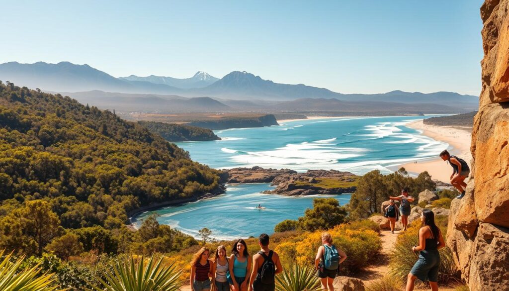 A diverse array of outdoor activities against the backdrop of a vibrant, sun-drenched Australian landscape. In the foreground, a group of international students engaged in a variety of pursuits - hiking through lush, verdant forests, kayaking down a serene river, and scaling a rugged rock face. The middle ground features a picturesque coastal scene, with surfers riding the rolling waves and beachgoers enjoying the sandy shores. In the distance, a majestic mountain range rises, its peaks capped with snow. The lighting is warm and natural, casting a golden glow over the entire scene. The atmosphere is one of adventure, discovery, and boundless exploration, perfectly capturing the spirit of an international student trip to Australia. A diverse array of outdoor activities against the backdrop of a vibrant, sun-drenched Australian landscape. In the foreground, a group of international students engaged in a variety of pursuits - hiking through lush, verdant forests, kayaking down a serene river, and scaling a rugged rock face. The middle ground features a picturesque coastal scene, with surfers riding the rolling waves and beachgoers enjoying the sandy shores. In the distance, a majestic mountain range rises, its peaks capped with snow. The lighting is warm and natural, casting a golden glow over the entire scene. The atmosphere is one of adventure, discovery, and boundless exploration, perfectly capturing the spirit of an international student trip to Australia.