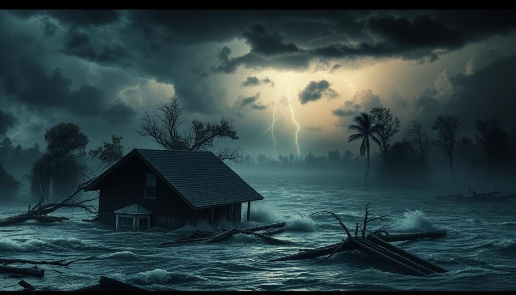 A dramatic, cinematic scene depicting the devastating effects of a powerful storm and flood. In the foreground, a partially submerged house is surrounded by swirling, turbulent waters, with debris and fallen trees creating a chaotic landscape. The middle ground features a looming, ominous sky filled with dark, roiling clouds, illuminated by flashes of lightning. In the distance, the silhouettes of other damaged structures emerge from the murky floodwaters, conveying the scale and intensity of the natural disaster. The lighting is moody and dramatic, with deep shadows and highlights that accentuate the sense of danger and urgency. The overall mood is one of foreboding and the overwhelming power of nature, underscoring the importance of robust storm and flood coverage for new homeowners. A dramatic, cinematic scene depicting the devastating effects of a powerful storm and flood. In the foreground, a partially submerged house is surrounded by swirling, turbulent waters, with debris and fallen trees creating a chaotic landscape. The middle ground features a looming, ominous sky filled with dark, roiling clouds, illuminated by flashes of lightning. In the distance, the silhouettes of other damaged structures emerge from the murky floodwaters, conveying the scale and intensity of the natural disaster. The lighting is moody and dramatic, with deep shadows and highlights that accentuate the sense of danger and urgency. The overall mood is one of foreboding and the overwhelming power of nature, underscoring the importance of robust storm and flood coverage for new homeowners.