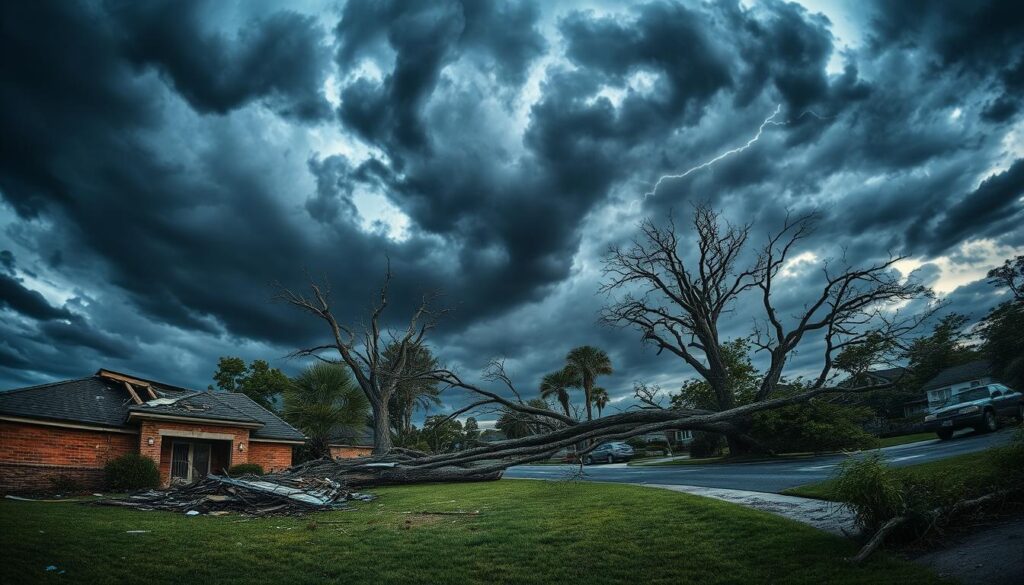 A dramatic landscape of a storm-ravaged neighborhood, captured through the lens of a wide-angle camera. The foreground showcases a damaged house, its roof partially torn off, debris scattered across the lawn. In the middle ground, towering trees lie fallen, their branches snapped and blocking the road. The background is a turbulent sky, roiling with dark clouds and streaks of lightning, casting an ominous glow over the scene. The lighting is dramatic, with deep shadows and highlights accentuating the destruction. The overall mood is one of power and chaos, conveying the devastating impact of the storm. A dramatic landscape of a storm-ravaged neighborhood, captured through the lens of a wide-angle camera. The foreground showcases a damaged house, its roof partially torn off, debris scattered across the lawn. In the middle ground, towering trees lie fallen, their branches snapped and blocking the road. The background is a turbulent sky, roiling with dark clouds and streaks of lightning, casting an ominous glow over the scene. The lighting is dramatic, with deep shadows and highlights accentuating the destruction. The overall mood is one of power and chaos, conveying the devastating impact of the storm.