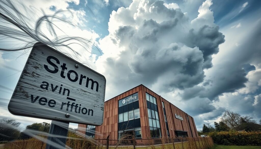 A dramatic, photorealistic image of the Met Office's definition of a storm, captured with a high-resolution wide-angle lens in crisp, natural daylight. In the foreground, swirling wind gusts and heavy rainfall obscure a weathered signpost with the text "Storm Definition" clearly visible. In the middle ground, a weathered office building with the Met Office logo stands tall, its windows reflecting the turbulent skies above. The background features a looming cumulonimbus cloud formation, its jagged edges illuminated by shafts of sunlight breaking through the gloom, conveying the immense power and unpredictability of a powerful storm system. A dramatic, photorealistic image of the Met Office's definition of a storm, captured with a high-resolution wide-angle lens in crisp, natural daylight. In the foreground, swirling wind gusts and heavy rainfall obscure a weathered signpost with the text "Storm Definition" clearly visible. In the middle ground, a weathered office building with the Met Office logo stands tall, its windows reflecting the turbulent skies above. The background features a looming cumulonimbus cloud formation, its jagged edges illuminated by shafts of sunlight breaking through the gloom, conveying the immense power and unpredictability of a powerful storm system.