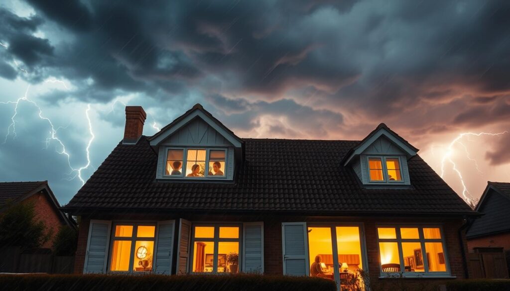 A dramatic storm rages over a sturdy English countryside home, its roof and windows protected by reinforced shutters, gutters, and drainage systems. The sky is a tumultuous swirl of dark clouds, heavy rain, and lightning streaks. In the foreground, a family huddles indoors, secure against the elements. Warm lighting from the home's interior creates a cozy contrast to the wild, wind-swept scene outside. The composition emphasizes the importance of comprehensive storm preparation, conveying a sense of safety, resilience, and the value of home insurance coverage in the face of unpredictable weather. A dramatic storm rages over a sturdy English countryside home, its roof and windows protected by reinforced shutters, gutters, and drainage systems. The sky is a tumultuous swirl of dark clouds, heavy rain, and lightning streaks. In the foreground, a family huddles indoors, secure against the elements. Warm lighting from the home's interior creates a cozy contrast to the wild, wind-swept scene outside. The composition emphasizes the importance of comprehensive storm preparation, conveying a sense of safety, resilience, and the value of home insurance coverage in the face of unpredictable weather.