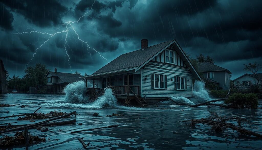 A dramatic storm scene with powerful winds, heavy rain, and rising floodwaters surrounding a residential home. The sky is dark and ominous, with swirling clouds and streaks of lightning illuminating the scene. Waves crash against the foundation, slowly submerging the lower levels of the house. Debris and fallen trees litter the flooded yard, creating a chaotic and dangerous environment. The home's exterior appears weathered and battered, but still standing firm against the onslaught of the elements. Dramatic lighting and a cinematic camera angle heighten the sense of urgency and the need for robust insurance coverage to protect against such natural disasters. A dramatic storm scene with powerful winds, heavy rain, and rising floodwaters surrounding a residential home. The sky is dark and ominous, with swirling clouds and streaks of lightning illuminating the scene. Waves crash against the foundation, slowly submerging the lower levels of the house. Debris and fallen trees litter the flooded yard, creating a chaotic and dangerous environment. The home's exterior appears weathered and battered, but still standing firm against the onslaught of the elements. Dramatic lighting and a cinematic camera angle heighten the sense of urgency and the need for robust insurance coverage to protect against such natural disasters.