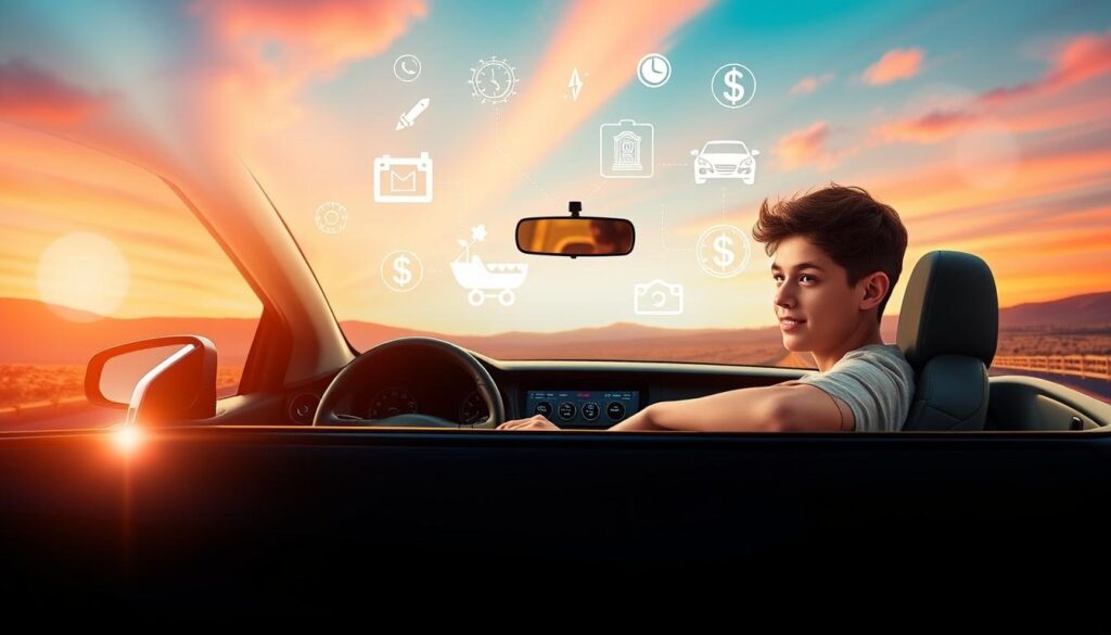 A dynamic and visually appealing image of "save on teen insurance" that captures the essence of the article section title "At a glance: today's best ways to save on teen car insurance". The foreground depicts a young teen driver, confidently seated behind the wheel of a sleek, modern car, symbolizing the focus on affordable and accessible insurance solutions for this demographic. The middle ground showcases various insurance-related icons and graphics, such as dollar signs, percentage symbols, and vehicle silhouettes, conveying the financial aspects of saving on teen car insurance. The background features a vibrant, gradient-rich landscape, with a warm, sunset-inspired color palette that evokes a sense of optimism and financial security. Subtle lighting effects, such as lens flares and soft shadows, add depth and a polished, professional aesthetic to the overall composition. The final image should strike a balance between practical information and visually engaging design, effectively illustrating the key