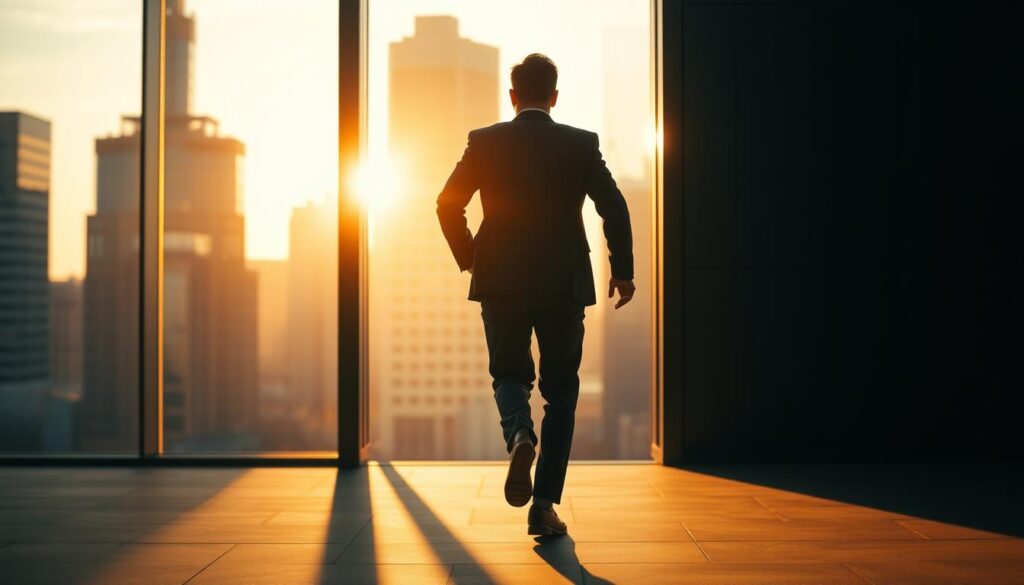 A dynamic, cinematic scene featuring a person in a business suit confidently striding towards an open doorway, representing the decision to switch health insurance plans. The figure is backlit, creating a dramatic silhouette against a soft, blurred background of office buildings and cityscape. Warm, golden lighting filters through the doorway, suggesting a sense of opportunity and change. The overall composition conveys a feeling of determination, transition, and the empowerment of choice in the context of personal healthcare decisions. A dynamic, cinematic scene featuring a person in a business suit confidently striding towards an open doorway, representing the decision to switch health insurance plans. The figure is backlit, creating a dramatic silhouette against a soft, blurred background of office buildings and cityscape. Warm, golden lighting filters through the doorway, suggesting a sense of opportunity and change. The overall composition conveys a feeling of determination, transition, and the empowerment of choice in the context of personal healthcare decisions.
