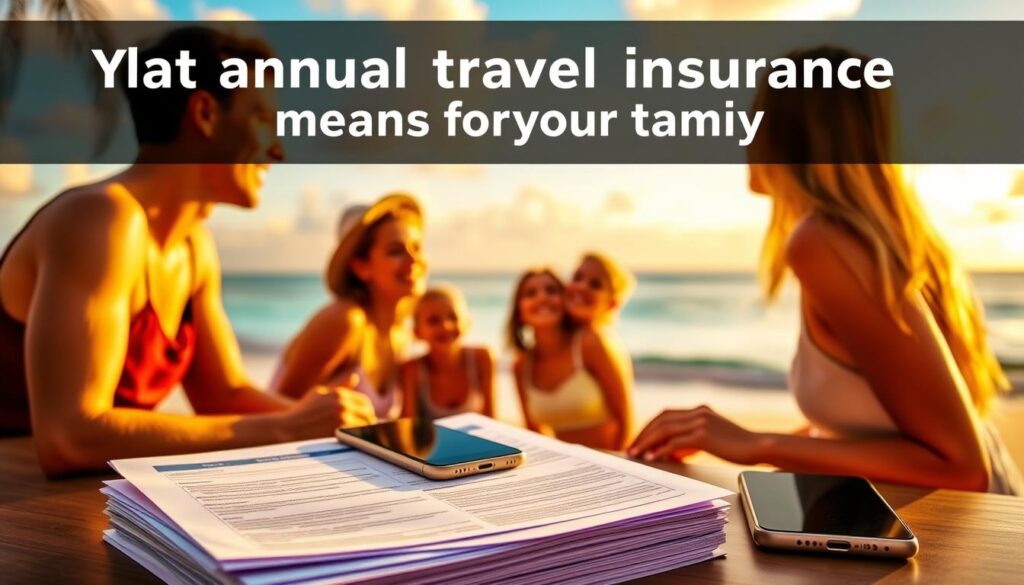 A family enjoying an idyllic beach vacation, with a vibrant sky and calm ocean in the background. In the foreground, a stack of travel insurance documents and a smartphone, symbolizing the security and protection provided by an annual travel insurance policy. The middle ground features a group of loved ones, their smiles and laughter conveying the carefree spirit of the trip, made possible by the peace of mind from their comprehensive coverage. Warm, golden lighting bathes the scene, evoking a sense of comfort and relaxation. The overall composition reflects the theme of "What annual travel insurance means for your family" - a harmonious blend of adventure, security, and cherished memories. A family enjoying an idyllic beach vacation, with a vibrant sky and calm ocean in the background. In the foreground, a stack of travel insurance documents and a smartphone, symbolizing the security and protection provided by an annual travel insurance policy. The middle ground features a group of loved ones, their smiles and laughter conveying the carefree spirit of the trip, made possible by the peace of mind from their comprehensive coverage. Warm, golden lighting bathes the scene, evoking a sense of comfort and relaxation. The overall composition reflects the theme of "What annual travel insurance means for your family" - a harmonious blend of adventure, security, and cherished memories.