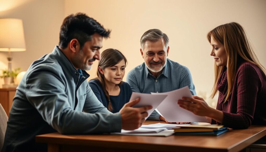 A family gathered around a table, discussing family health insurance plans with a professional advisor. Warm, soft lighting illuminates their faces as they review documents and consider options. The scene conveys a sense of trust, security, and careful consideration of the family's well-being. The advisor's calm demeanor and the family's attentive expressions suggest a collaborative process of finding the best coverage for their needs. The overall atmosphere is one of informed decision-making and a commitment to the family's health and financial protection. A family gathered around a table, discussing family health insurance plans with a professional advisor. Warm, soft lighting illuminates their faces as they review documents and consider options. The scene conveys a sense of trust, security, and careful consideration of the family's well-being. The advisor's calm demeanor and the family's attentive expressions suggest a collaborative process of finding the best coverage for their needs. The overall atmosphere is one of informed decision-making and a commitment to the family's health and financial protection.