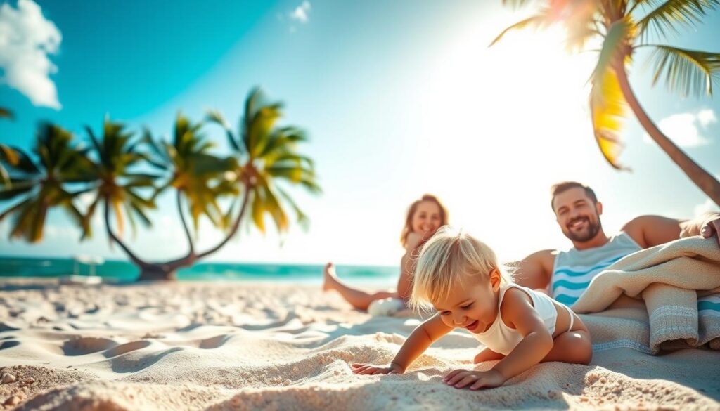 A family of four relaxing on a tropical beach, the sun's warm glow illuminating their smiling faces. In the foreground, a young child plays in the soft sand, their eyes filled with wonder. In the middle ground, the parents recline on plush beach towels, their arms around each other as they enjoy the peaceful scenery. In the background, lush palm trees sway gently in the ocean breeze, creating a serene and idyllic setting. The image conveys a sense of carefree adventure and the joy of family travel, perfectly capturing the essence of Travelex's family coverage. A family of four relaxing on a tropical beach, the sun's warm glow illuminating their smiling faces. In the foreground, a young child plays in the soft sand, their eyes filled with wonder. In the middle ground, the parents recline on plush beach towels, their arms around each other as they enjoy the peaceful scenery. In the background, lush palm trees sway gently in the ocean breeze, creating a serene and idyllic setting. The image conveys a sense of carefree adventure and the joy of family travel, perfectly capturing the essence of Travelex's family coverage.