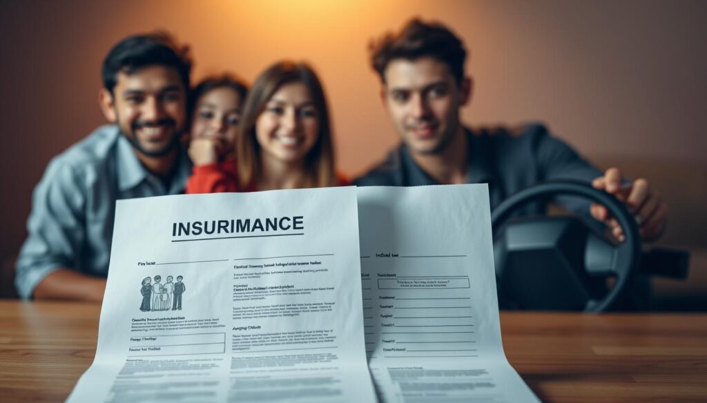 A family of four stands side by side, their faces beaming with joy, contrasted by a solitary young driver, their expression pensive. In the foreground, two car insurance policy documents, one emblazoned with a family emblem, the other a simple individual plan. Soft, warm lighting illuminates the scene, drawing the viewer's eye to the central financial decision. The background blurs, focusing attention on the stark visual comparison between the two insurance options. Subtle shadows and depth of field create a sense of depth and dimension, inviting the viewer to consider the financial implications of each choice. A family of four stands side by side, their faces beaming with joy, contrasted by a solitary young driver, their expression pensive. In the foreground, two car insurance policy documents, one emblazoned with a family emblem, the other a simple individual plan. Soft, warm lighting illuminates the scene, drawing the viewer's eye to the central financial decision. The background blurs, focusing attention on the stark visual comparison between the two insurance options. Subtle shadows and depth of field create a sense of depth and dimension, inviting the viewer to consider the financial implications of each choice.