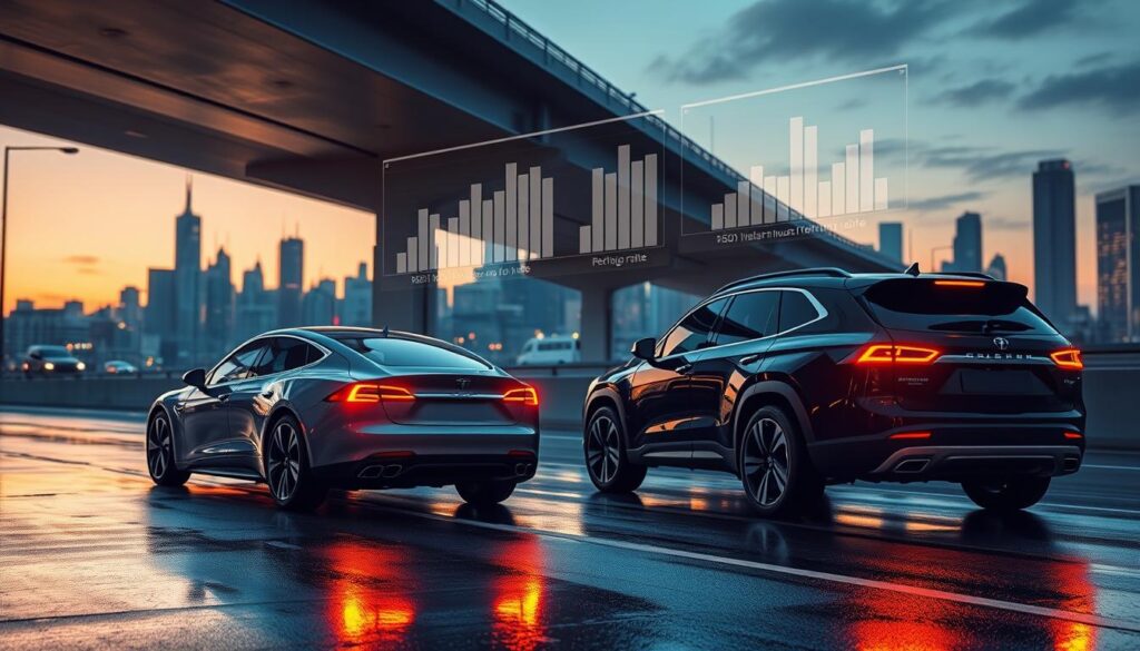 A futuristic cityscape at dusk, with a prominent highway overpass cutting through the frame. In the foreground, two electric vehicles are prominently displayed, one a sleek sedan and the other a rugged SUV. Their headlights and taillights cast a warm, neon glow, reflecting off the wet pavement. In the middle ground, a series of charts and graphs float in the air, displaying comparative insurance rates for the electric vehicles and their gas-powered counterparts. The background is filled with skyscrapers and infrastructure, hinting at the urban setting. The overall scene conveys a sense of progress, technology, and the evolving landscape of transportation and insurance. A futuristic cityscape at dusk, with a prominent highway overpass cutting through the frame. In the foreground, two electric vehicles are prominently displayed, one a sleek sedan and the other a rugged SUV. Their headlights and taillights cast a warm, neon glow, reflecting off the wet pavement. In the middle ground, a series of charts and graphs float in the air, displaying comparative insurance rates for the electric vehicles and their gas-powered counterparts. The background is filled with skyscrapers and infrastructure, hinting at the urban setting. The overall scene conveys a sense of progress, technology, and the evolving landscape of transportation and insurance.