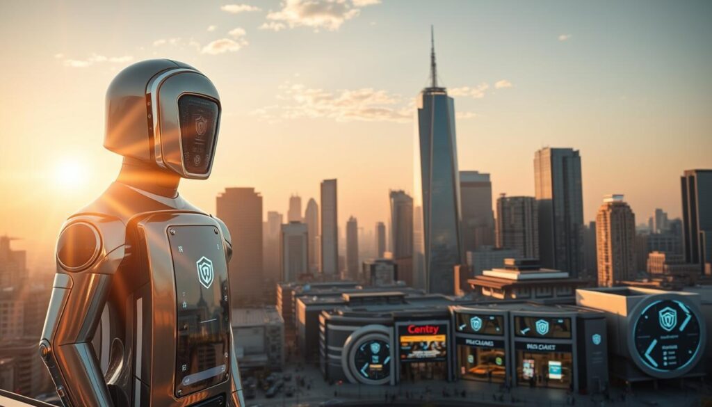 A gleaming, futuristic cityscape with towering skyscrapers and bustling streets. In the foreground, a sleek, high-tech security system stands guard, its gleaming panels and holographic displays radiating an aura of protection. The middle ground features a group of small businesses, their windows adorned with cybersecurity logos and signage, conveying a sense of fortification against digital threats. In the background, a vast, cloudless sky is illuminated by the warm glow of the sun, casting a reassuring light over the entire scene. The overall atmosphere is one of technological prowess, resilience, and the unwavering commitment to safeguarding SMEs in the USA. A gleaming, futuristic cityscape with towering skyscrapers and bustling streets. In the foreground, a sleek, high-tech security system stands guard, its gleaming panels and holographic displays radiating an aura of protection. The middle ground features a group of small businesses, their windows adorned with cybersecurity logos and signage, conveying a sense of fortification against digital threats. In the background, a vast, cloudless sky is illuminated by the warm glow of the sun, casting a reassuring light over the entire scene. The overall atmosphere is one of technological prowess, resilience, and the unwavering commitment to safeguarding SMEs in the USA.