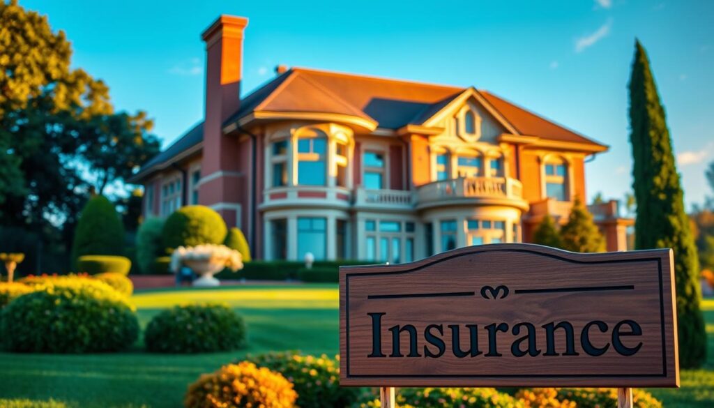 A grand two-story mansion nestled in a lush, manicured garden, its elegant facade bathed in warm, golden sunlight. In the foreground, a polished, wooden sign displays the words "Home Insurance" in a classic serif font. The middle ground features a red-brick chimney, bay windows, and intricate architectural details that exude an air of sophisticated luxury. In the background, a cloudless azure sky sets the scene, evoking a sense of tranquility and security. The overall atmosphere conveys the comprehensive protection and peace of mind that a comprehensive mansion insurance policy should deliver. A grand two-story mansion nestled in a lush, manicured garden, its elegant facade bathed in warm, golden sunlight. In the foreground, a polished, wooden sign displays the words "Home Insurance" in a classic serif font. The middle ground features a red-brick chimney, bay windows, and intricate architectural details that exude an air of sophisticated luxury. In the background, a cloudless azure sky sets the scene, evoking a sense of tranquility and security. The overall atmosphere conveys the comprehensive protection and peace of mind that a comprehensive mansion insurance policy should deliver.