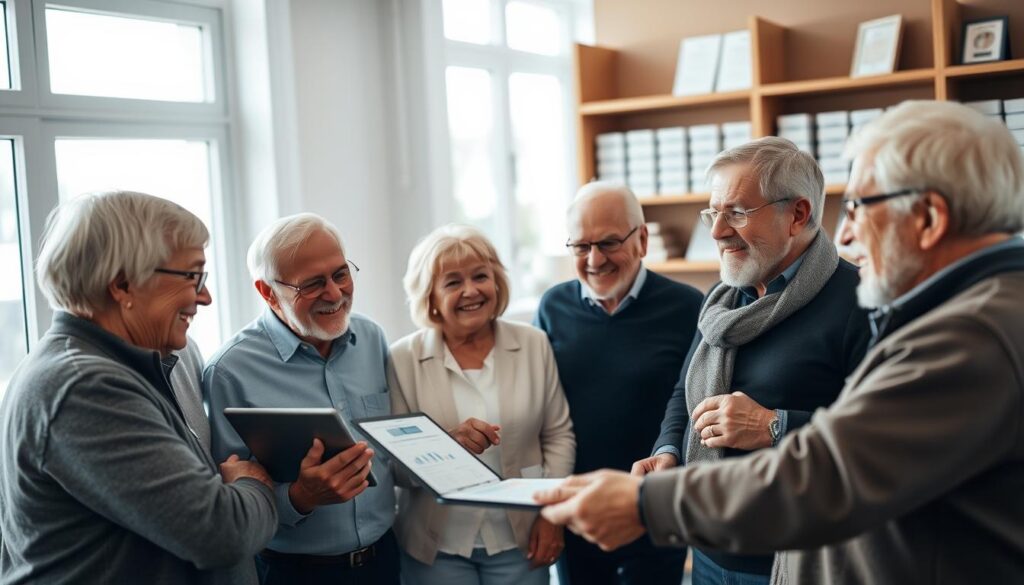 A group of active, engaged senior citizens gathered in a warm, well-lit room, their faces reflecting a sense of security and contentment. The foreground features a mix of men and women, dressed casually yet stylishly, engaged in a lively discussion, gesticulating animatedly. In the middle ground, a financial advisor is presenting information on a tablet, pointing to charts and graphs. The background shows shelves of financial documents and certificates, conveying an atmosphere of financial planning and expertise. Soft, natural lighting filters through large windows, creating a sense of openness and comfort. The overall mood is one of trust, stability, and the promise of a secure retirement. A group of active, engaged senior citizens gathered in a warm, well-lit room, their faces reflecting a sense of security and contentment. The foreground features a mix of men and women, dressed casually yet stylishly, engaged in a lively discussion, gesticulating animatedly. In the middle ground, a financial advisor is presenting information on a tablet, pointing to charts and graphs. The background shows shelves of financial documents and certificates, conveying an atmosphere of financial planning and expertise. Soft, natural lighting filters through large windows, creating a sense of openness and comfort. The overall mood is one of trust, stability, and the promise of a secure retirement.