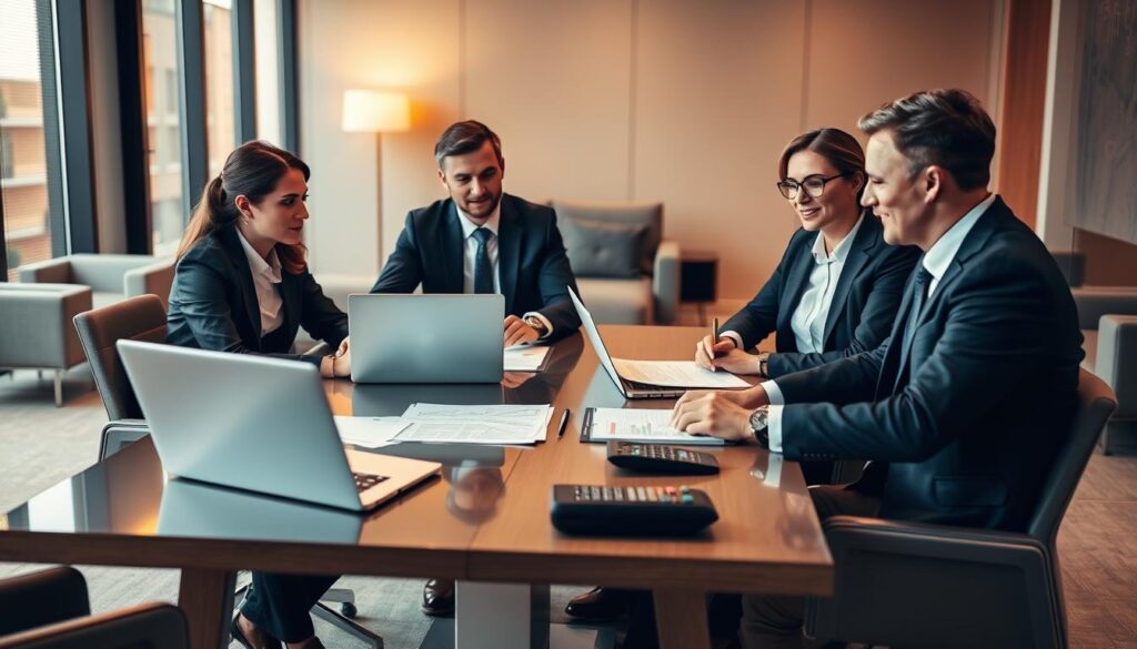 A group of four professional accountants seated around a conference table, dressed in formal business attire, deep in discussion. Warm, soft lighting illuminates their faces, highlighting their concentration and attention to detail. The table is adorned with laptops, spreadsheets, and a calculator, reflecting the analytical nature of their work. In the background, a modern office setting with sleek furniture and minimalist decor provides a polished, sophisticated atmosphere. The overall scene conveys a sense of professionalism, expertise, and the importance of the accountants' role in financial management. A group of four professional accountants seated around a conference table, dressed in formal business attire, deep in discussion. Warm, soft lighting illuminates their faces, highlighting their concentration and attention to detail. The table is adorned with laptops, spreadsheets, and a calculator, reflecting the analytical nature of their work. In the background, a modern office setting with sleek furniture and minimalist decor provides a polished, sophisticated atmosphere. The overall scene conveys a sense of professionalism, expertise, and the importance of the accountants' role in financial management.