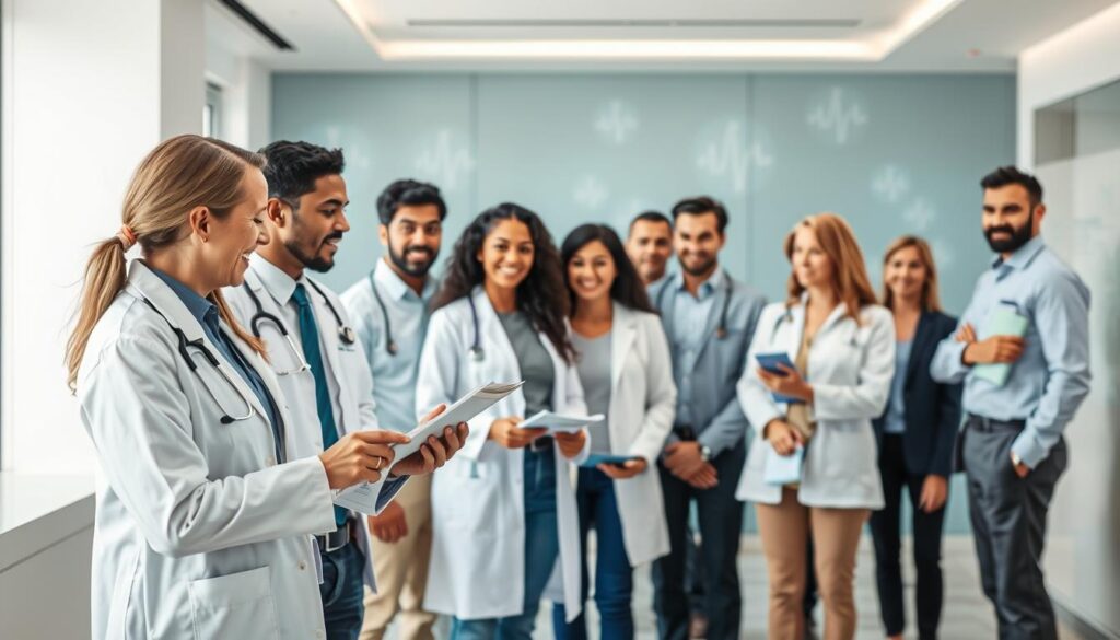 A group of professional medical providers standing in a well-lit office setting, with a modern, clean aesthetic. The providers are dressed in formal attire, conveying a sense of expertise and reliability. In the foreground, a broker stands out, engaging with the providers and gesturing towards an array of informative brochures. The middle ground features a diverse group of customers, their expressions reflecting a positive customer experience as they interact with the providers and broker. The background showcases a sleek, minimalist design with subtle medical-related iconography, emphasizing the high-quality, trustworthy nature of the healthcare services on offer. A group of professional medical providers standing in a well-lit office setting, with a modern, clean aesthetic. The providers are dressed in formal attire, conveying a sense of expertise and reliability. In the foreground, a broker stands out, engaging with the providers and gesturing towards an array of informative brochures. The middle ground features a diverse group of customers, their expressions reflecting a positive customer experience as they interact with the providers and broker. The background showcases a sleek, minimalist design with subtle medical-related iconography, emphasizing the high-quality, trustworthy nature of the healthcare services on offer.