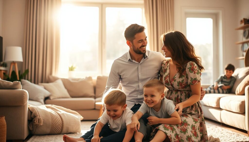 A harmonious family portrait captured in warm, golden-hour lighting. In the foreground, a loving couple - the husband dressed in a crisp, buttoned-up shirt, the wife in a flowing floral dress - embrace warmly as their two children, a boy and a girl, sit at their feet, laughing and playing. The middle ground features a cozy, lived-in living room setting, with plush furniture and personal touches that hint at the family's personality and lifestyle. In the background, a large window floods the scene with natural light, casting a soft, inviting glow over the entire composition. The overall mood is one of comfort, security, and the cherished moments that make up a fulfilling family life. A harmonious family portrait captured in warm, golden-hour lighting. In the foreground, a loving couple - the husband dressed in a crisp, buttoned-up shirt, the wife in a flowing floral dress - embrace warmly as their two children, a boy and a girl, sit at their feet, laughing and playing. The middle ground features a cozy, lived-in living room setting, with plush furniture and personal touches that hint at the family's personality and lifestyle. In the background, a large window floods the scene with natural light, casting a soft, inviting glow over the entire composition. The overall mood is one of comfort, security, and the cherished moments that make up a fulfilling family life.