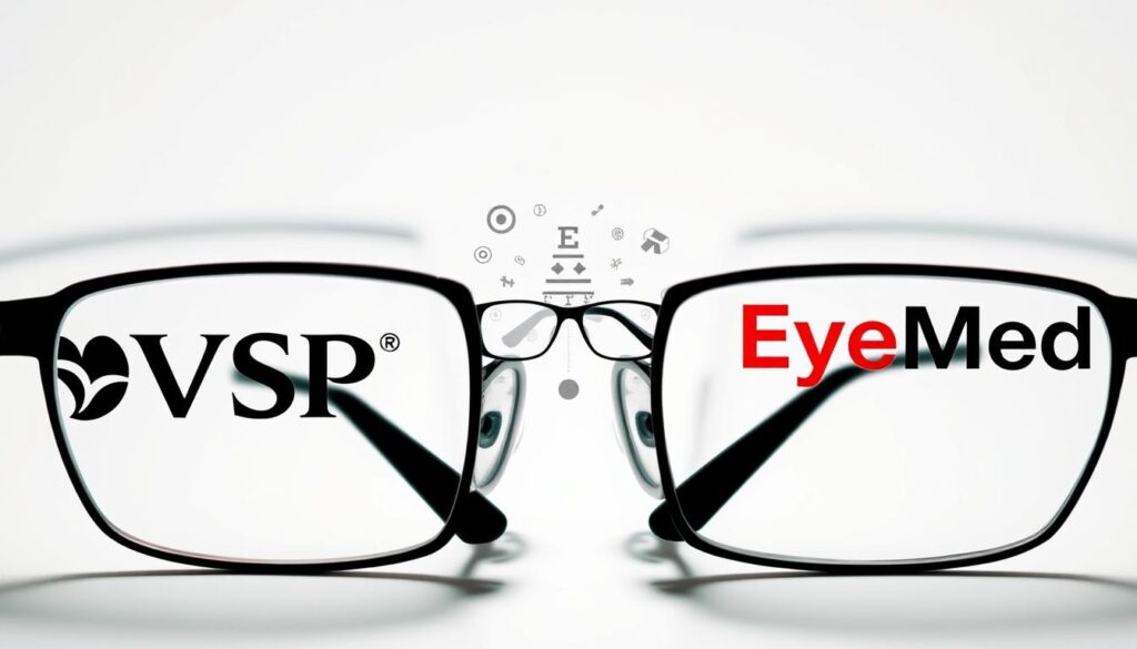 A head-to-head comparison of the VSP and EyeMed vision insurance networks. In the foreground, two glasses frames, one with the VSP logo and the other with the EyeMed logo, face each other on a minimalist white background. The frames are lit from the side, creating dramatic shadows that suggest the rivalry between the two providers. In the middle ground, an array of eye care icons - an eye chart, a pair of eyeglasses, a contact lens - hover between the two frames, symbolizing the range of services offered. The background is a soft, neutral gradient, allowing the focal elements to stand out clearly. The overall mood is professional, analytical, and designed to highlight the key differences between these two leading vision insurance options. A head-to-head comparison of the VSP and EyeMed vision insurance networks. In the foreground, two glasses frames, one with the VSP logo and the other with the EyeMed logo, face each other on a minimalist white background. The frames are lit from the side, creating dramatic shadows that suggest the rivalry between the two providers. In the middle ground, an array of eye care icons - an eye chart, a pair of eyeglasses, a contact lens - hover between the two frames, symbolizing the range of services offered. The background is a soft, neutral gradient, allowing the focal elements to stand out clearly. The overall mood is professional, analytical, and designed to highlight the key differences between these two leading vision insurance options.