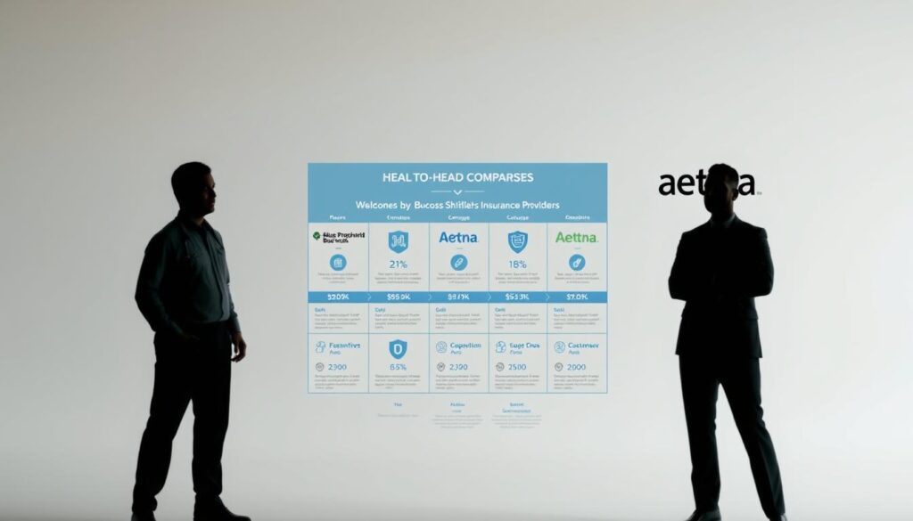A head-to-head comparison of three leading health insurance providers - Kaiser Permanente, Blue Cross Blue Shield, and Aetna - against a clean, professional backdrop. In the foreground, three distinct silhouettes representing each company, strategically positioned to highlight their distinct offerings and value propositions. The middle ground showcases a grid of icons and infographics, providing a data-driven analysis of plan features, coverage, and customer satisfaction. The background features a subtle, muted color palette that enhances the overall sense of authority and trust. Crisp lighting and a shallow depth of field create a sense of focus and clarity, guiding the viewer's attention to the key comparative elements. The overall mood is one of informed decision-making, with a touch of modern elegance. A head-to-head comparison of three leading health insurance providers - Kaiser Permanente, Blue Cross Blue Shield, and Aetna - against a clean, professional backdrop. In the foreground, three distinct silhouettes representing each company, strategically positioned to highlight their distinct offerings and value propositions. The middle ground showcases a grid of icons and infographics, providing a data-driven analysis of plan features, coverage, and customer satisfaction. The background features a subtle, muted color palette that enhances the overall sense of authority and trust. Crisp lighting and a shallow depth of field create a sense of focus and clarity, guiding the viewer's attention to the key comparative elements. The overall mood is one of informed decision-making, with a touch of modern elegance.