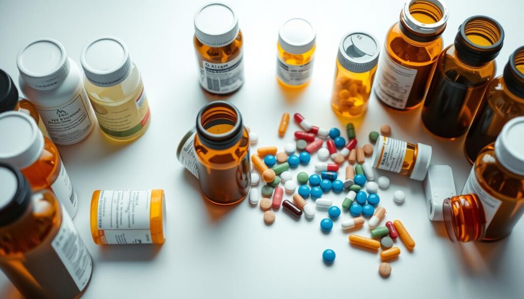 A high-angle, close-up shot of an assortment of prescription drug bottles and pills arranged on a clean, white surface. The bottles are neatly organized, showcasing a variety of shapes, sizes, and labels. The pills, in an array of colors, are scattered around the bottles, creating a visually appealing and informative composition. The lighting is soft and diffused, creating subtle shadows and highlights that accentuate the textures and details of the pharmaceuticals. The overall atmosphere conveys a sense of professionalism, health, and accessibility, reflecting the theme of "What personal health insurance can cover beyond the basics". A high-angle, close-up shot of an assortment of prescription drug bottles and pills arranged on a clean, white surface. The bottles are neatly organized, showcasing a variety of shapes, sizes, and labels. The pills, in an array of colors, are scattered around the bottles, creating a visually appealing and informative composition. The lighting is soft and diffused, creating subtle shadows and highlights that accentuate the textures and details of the pharmaceuticals. The overall atmosphere conveys a sense of professionalism, health, and accessibility, reflecting the theme of "What personal health insurance can cover beyond the basics".